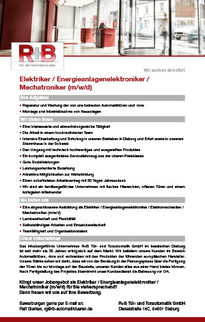 Stellenanzeige Elektriker / Energieanlagenelektroniker / Mechatroniker (m/w/d)